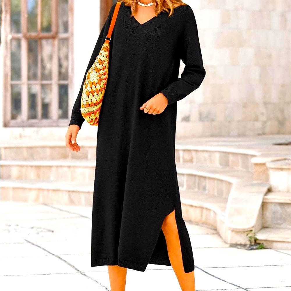 Elegant Black V-Neck Maxi Dress M